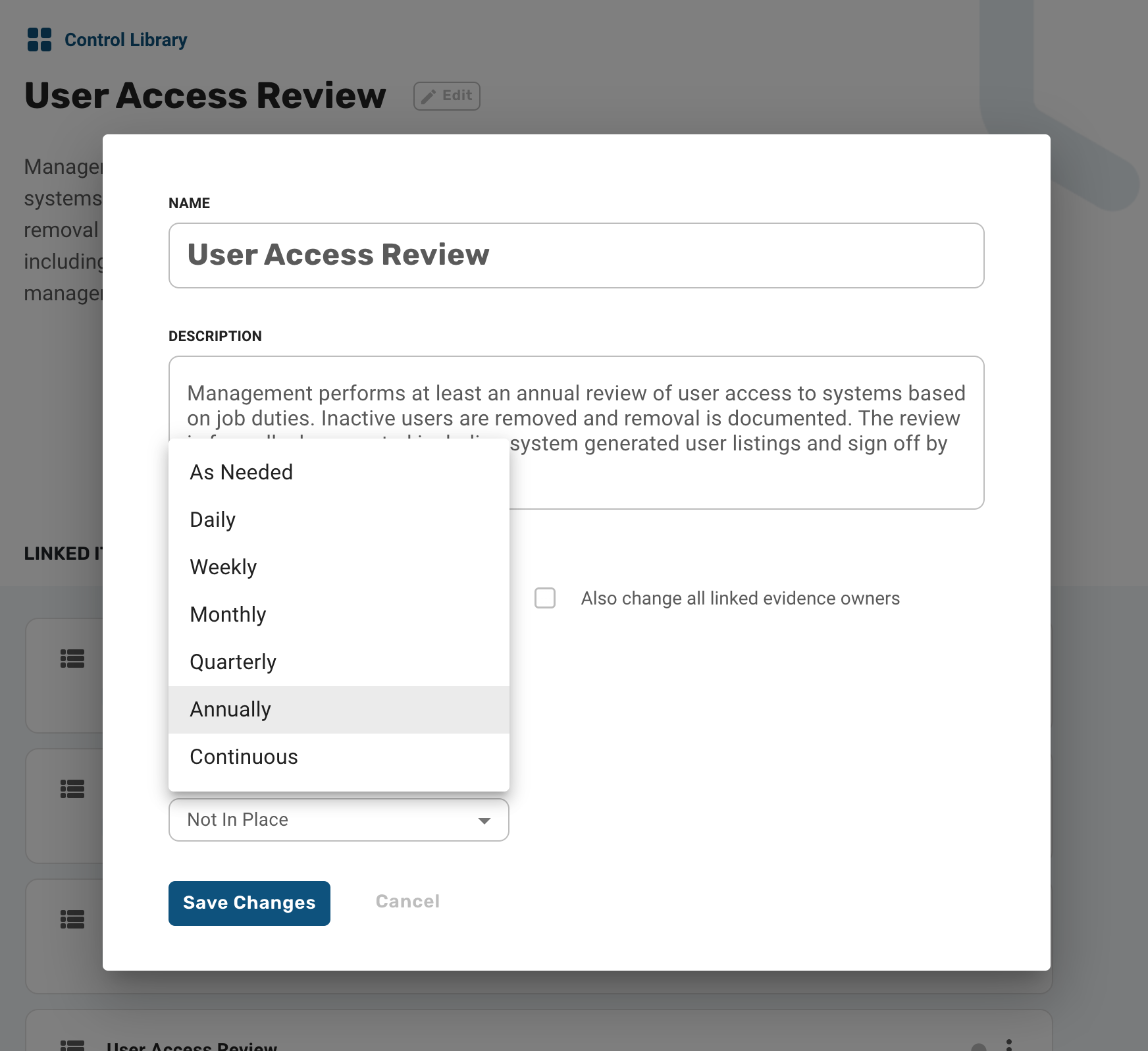 Example of the edit modal for a Control showing the options for Control Frequency.