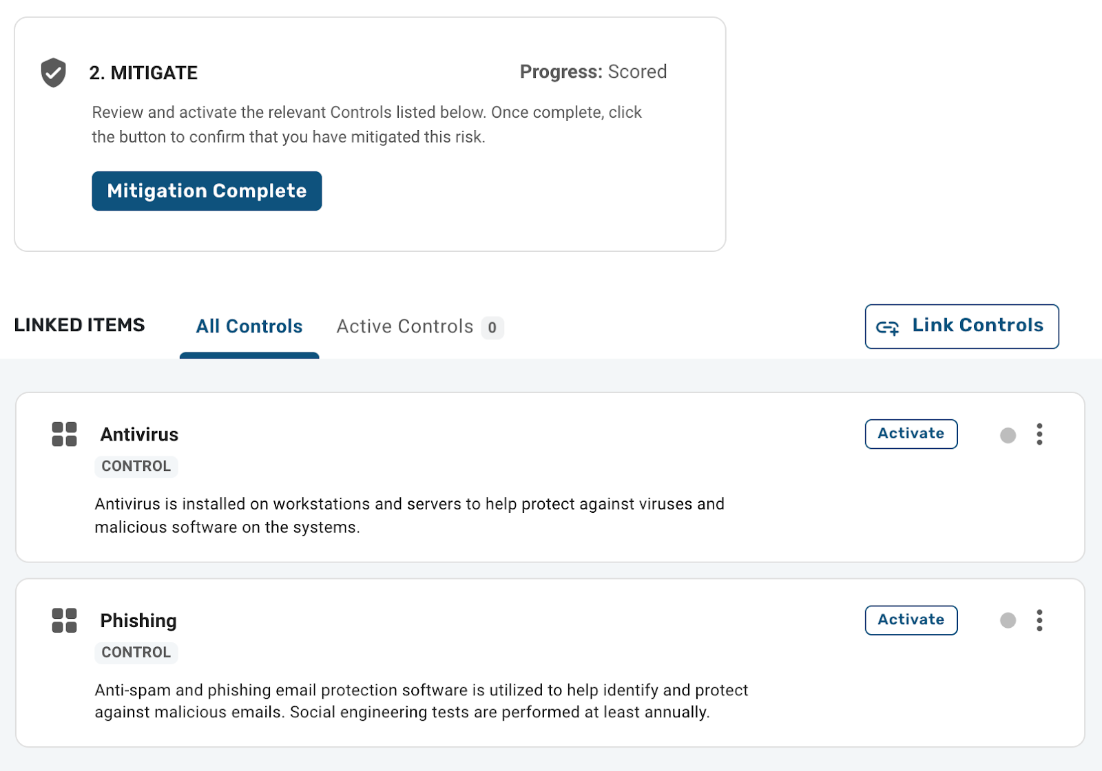 Screenshot showing suggested controls and mitigation button