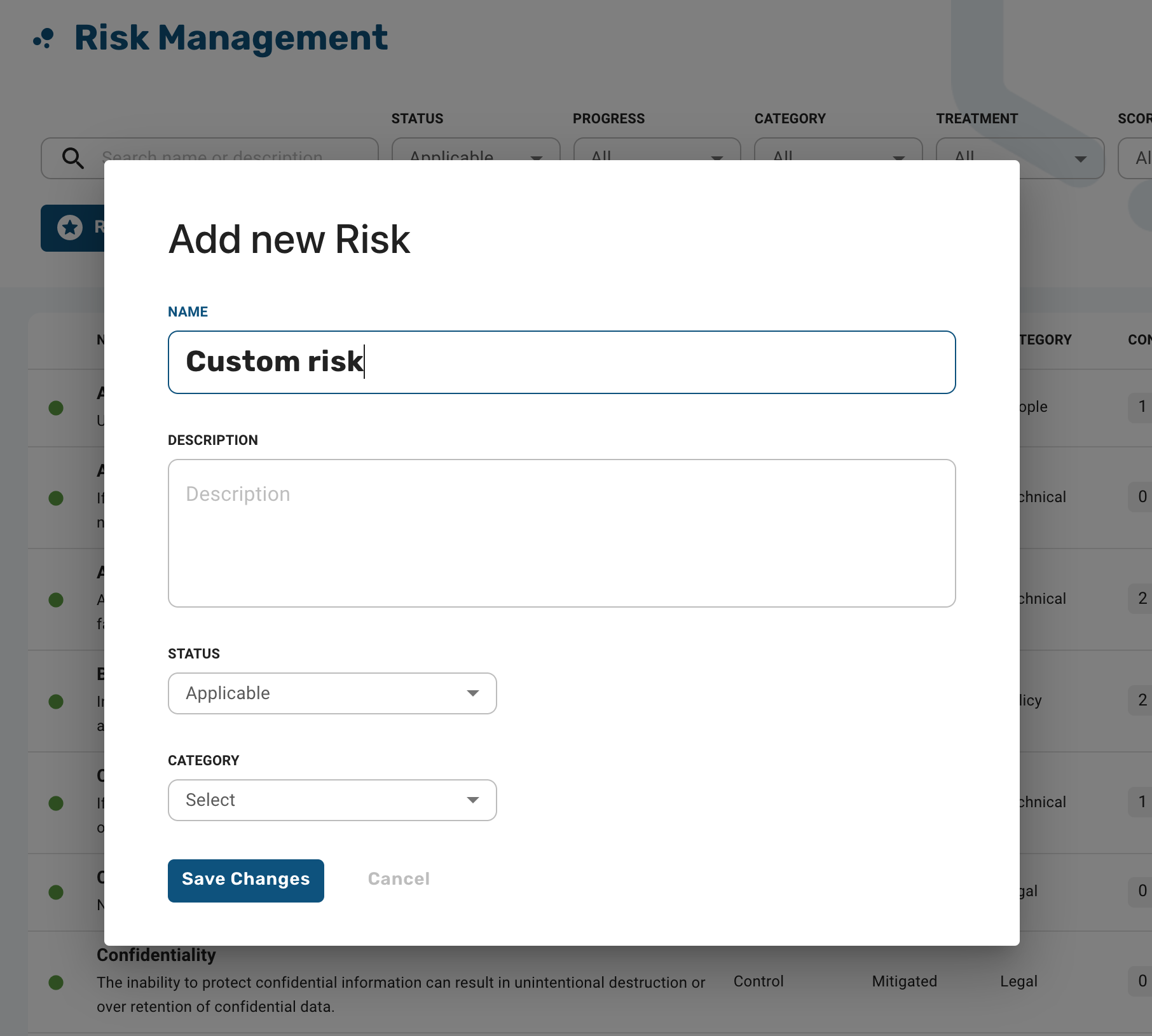 Add new risk modal